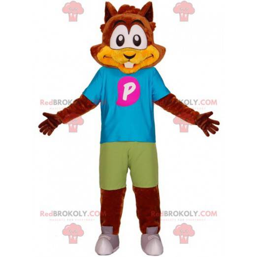Mascote esquilo castor marrom com uma roupa colorida -