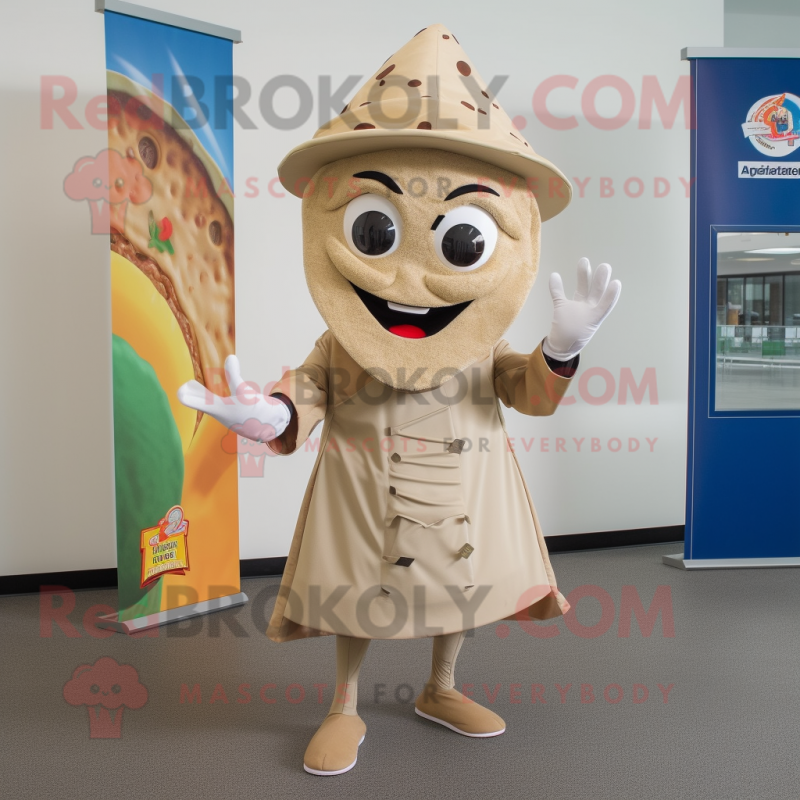 Tan Pizza mascot costume character dressed with a Wrap Skirt and Lapel pins