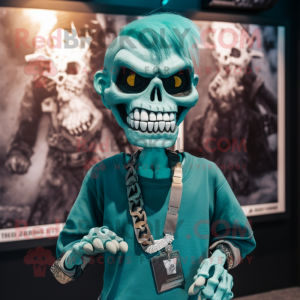 Teal Undead mascot costume character dressed with a Polo Shirt and Necklaces