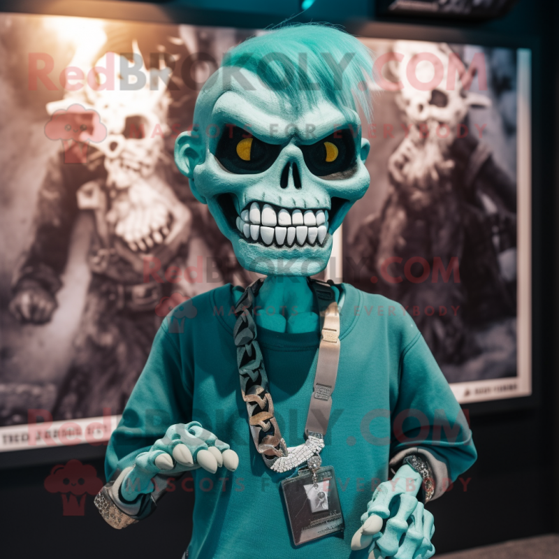 Teal Undead mascot costume character dressed with a Polo Shirt and Necklaces Teal Undead mascot costume character dressed with a Polo Shirt and Necklaces