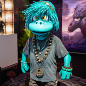 Teal Undead mascot costume character dressed with a Polo Shirt and Necklaces