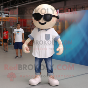 Cream Soccer Ball mascot costume character dressed with a Denim Shirt and Sunglasses