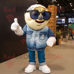 Cream Soccer Ball mascot costume character dressed with a Denim Shirt and Sunglasses