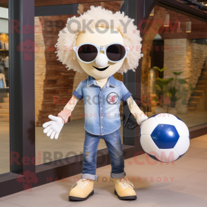 Cream Soccer Ball mascot costume character dressed with a Denim Shirt and Sunglasses