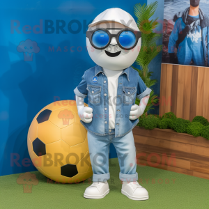 Cream Soccer Ball mascot costume character dressed with a Denim Shirt and Sunglasses