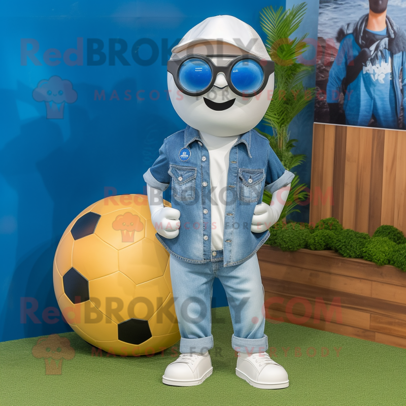 Cream Soccer Ball mascot costume character dressed with a Denim Shirt and Sunglasses Cream Soccer Ball mascot costume character dressed with a Denim Shirt and Sunglasses