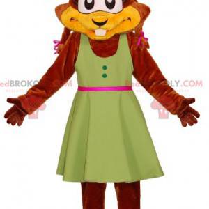 Mascote do castor com vestido verde e chapéu - Redbrokoly.com