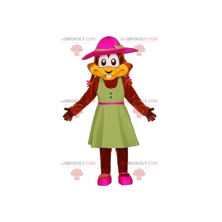 Beaver mascot with a green dress and a hat - Redbrokoly.com