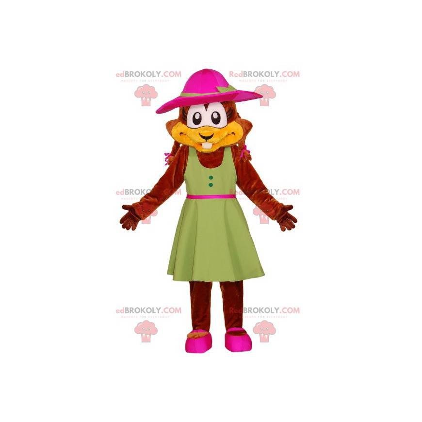 Bever mascotte met een groene jurk en een hoed - Redbrokoly.com