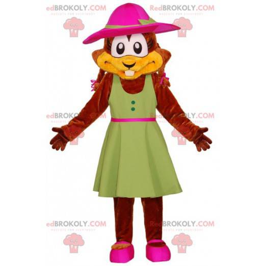 Mascotte castoro con un vestito verde e un cappello -