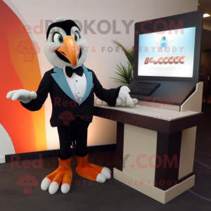 Peach Macaw mascot costume character dressed with a Tuxedo and Watches