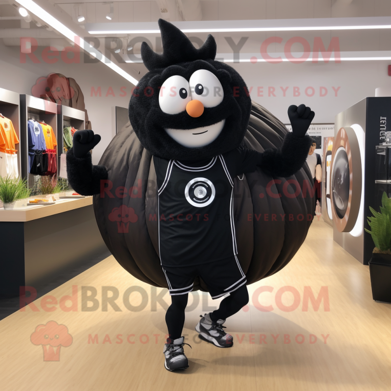 Black Onion mascot costume character dressed with a Running Shorts and Rings