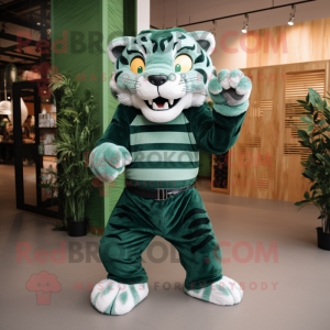 Forest Green Tiger mascot costume character dressed with a Dress and Belts
