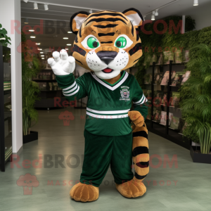 Forest Green Tiger mascot costume character dressed with a Dress and Belts