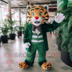 Forest Green Tiger mascot costume character dressed with a Dress and Belts