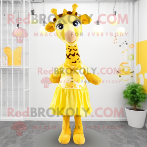 Lemon Yellow Giraffe mascot costume character dressed with a Skirt and Hair clips