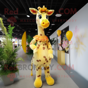 Lemon Yellow Giraffe mascot costume character dressed with a Skirt and Hair clips