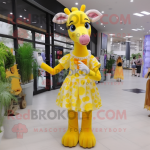 Lemon Yellow Giraffe mascot costume character dressed with a Skirt and Hair clips