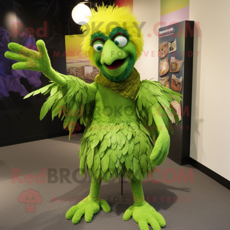 Lime Green Harpy mascot costume character dressed with a Vest and Shoe clips