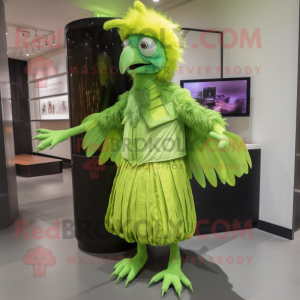 Lime Green Harpy mascot costume character dressed with a Vest and Shoe clips