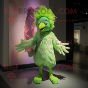 Lime Green Harpy mascot costume character dressed with a Vest and Shoe clips