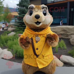 Gold Marmot mascot costume character dressed with a Poplin Shirt and Scarf clips
