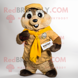 Gold Marmot mascot costume character dressed with a Poplin Shirt and Scarf clips