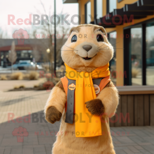 Gold Marmot mascot costume character dressed with a Poplin Shirt and Scarf clips