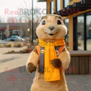 Gold Marmot mascot costume character dressed with a Poplin Shirt and Scarf clips