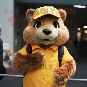 Gold Marmot mascot costume character dressed with a Poplin Shirt and Scarf clips