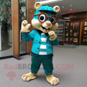 Turquoise Chipmunk mascot costume character dressed with a Suit Pants and Reading glasses