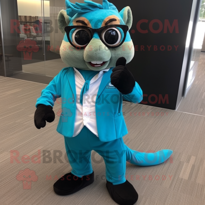 Turquoise Chipmunk mascot costume character dressed with a Suit Pants and Reading glasses