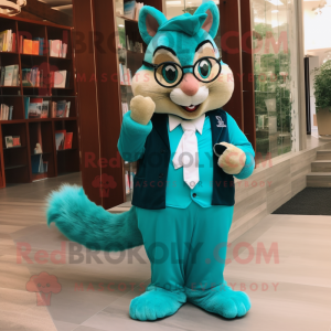 Turquoise Chipmunk mascot costume character dressed with a Suit Pants and Reading glasses