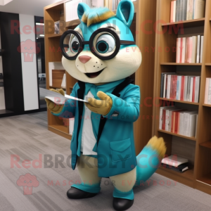 Turquoise Chipmunk mascot costume character dressed with a Suit Pants and Reading glasses