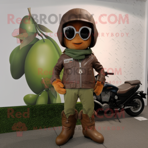 Olive Mango mascot costume character dressed with a Moto Jacket and Hats
