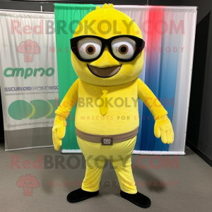 Lemon Yellow Commando mascot costume character dressed with a Corduroy Pants and Eyeglasses