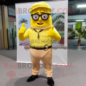 Lemon Yellow Commando mascot costume character dressed with a Corduroy Pants and Eyeglasses