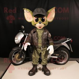 Olive Bat mascot costume character dressed with a Biker Jacket and Hats