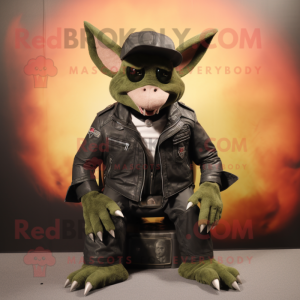 Olive Bat mascot costume character dressed with a Biker Jacket and Hats