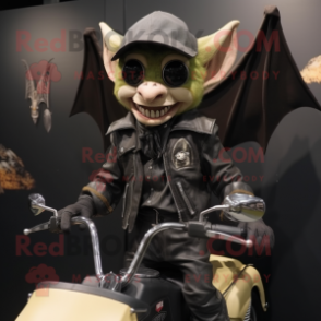 Olive Bat mascot costume character dressed with a Biker Jacket and Hats