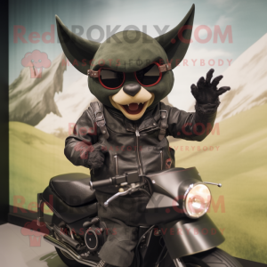 Olive Bat mascot costume character dressed with a Biker Jacket and Hats