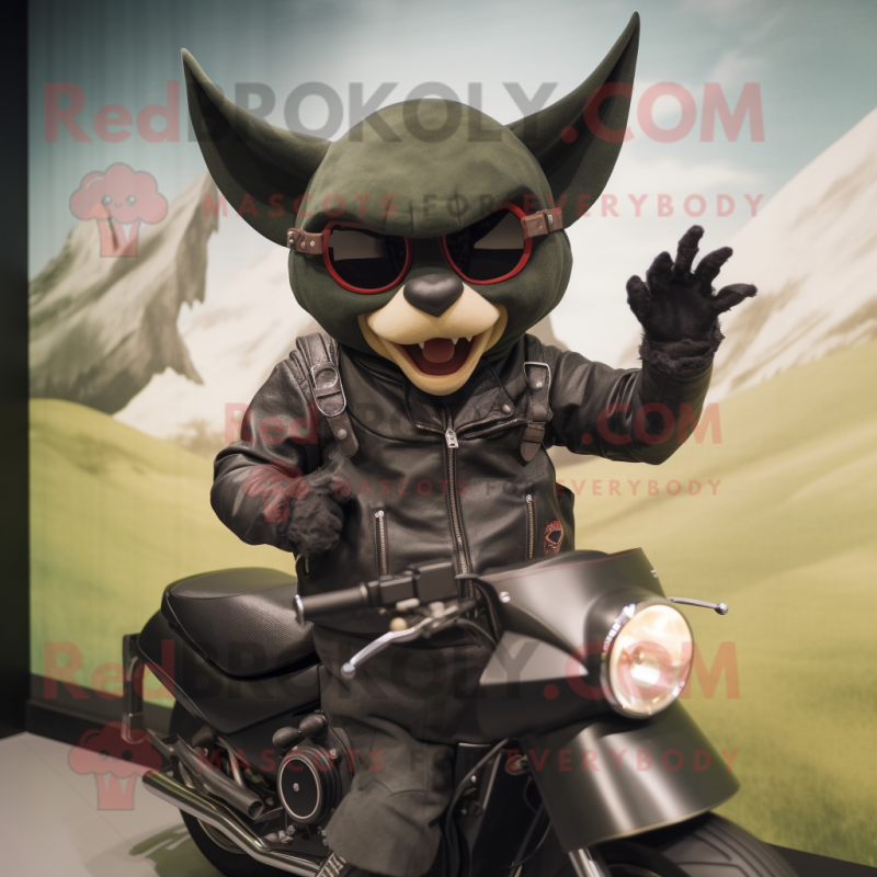 Olive Bat mascot costume character dressed with a Biker Jacket and Hats Olive Bat mascot costume character dressed with a Biker Jacket and Hats