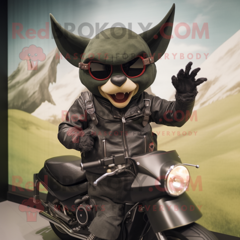 Olive Bat mascot costume character dressed with a Biker Jacket and Hats