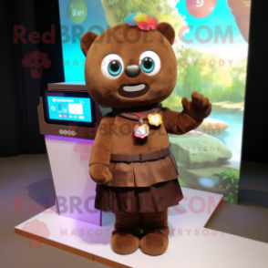 Brown Rainbow mascot costume character dressed with a Wrap Skirt and Digital watches