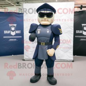 Navy Spartan Soldier mascot costume character dressed with a Sheath Dress and Eyeglasses