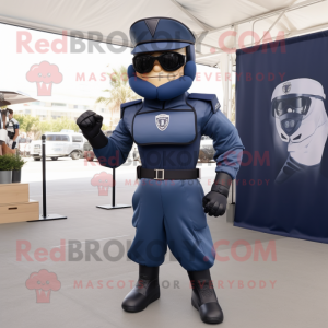 Navy Spartan Soldier mascot costume character dressed with a Sheath Dress and Eyeglasses