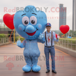 Sky Blue Heart Shaped Balloons mascot costume character dressed with a Denim Shirt and Cufflinks