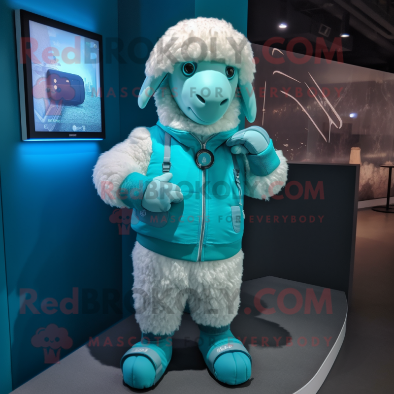 Turquoise Sheep mascot costume character dressed with a Jacket and Smartwatches