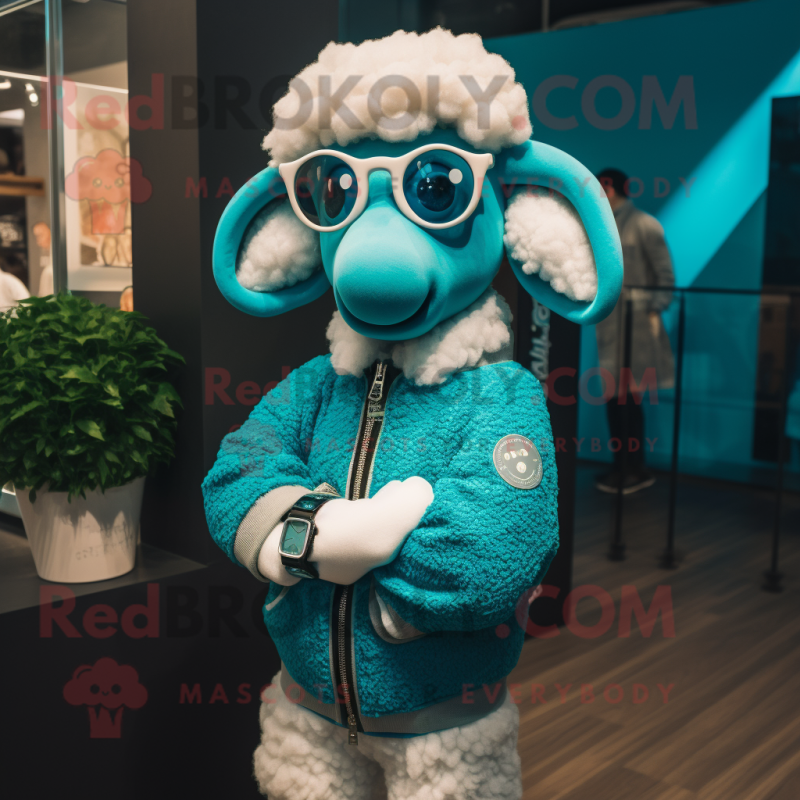 Turquoise Sheep mascot costume character dressed with a Jacket and Smartwatches