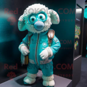 Turquoise Sheep mascot costume character dressed with a Jacket and Smartwatches